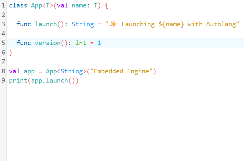 Autolang code editor running a factorial script with native C++ performance